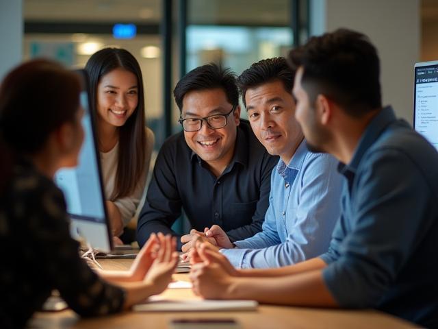 Dynamic and diverse team at Alpha Angkasa Interactive collaborating in their modern Kuala Lumpur office